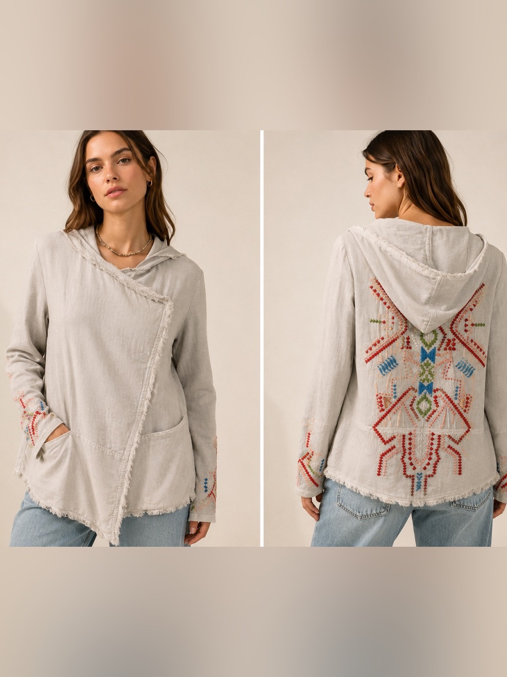 Kyla Seo Jacket Embroidered Long asymmetrical wrap Jacket with Pockets Hoodie